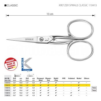 KRETZER SPIRALE CLASSIC 110413 Ножницы для обрезки ниток и вышивания, длина 5"/ 13 см, остроконечные, никелированые. Производство Германия KRETZER SOLINGEN