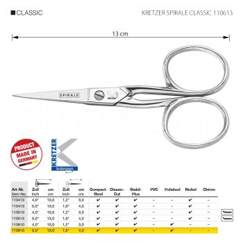 KRETZER SPIRALE CLASSIC 110613 Ножницы для обрезки ниток и вышивания, длина 5"/ 13 см, остроконечные, полированные. Производство Германия KRETZER SOLINGEN
