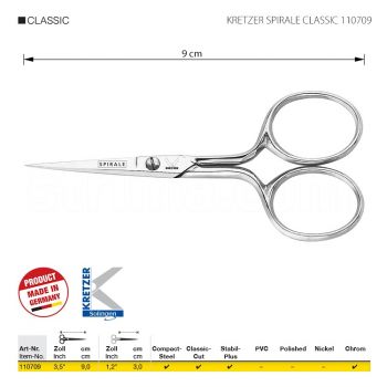 KRETZER SPIRALE CLASSIC 110709 Ножницы для обрезки ниток и вышивания, длина 3,5"/ 9 см, острые узкие концы, xромированные. Производство Германия KRETZER SOLINGEN