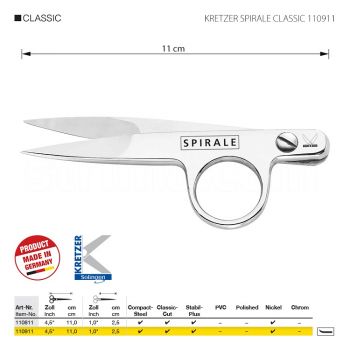KRETZER SPIRALE CLASSIC 110911 Ножницы для обрезки ниток, длина 4,5"/ 11 см, изогнутые, остроконечные, никелированые. Производство Германия KRETZER SOLINGEN