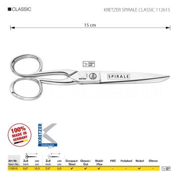 KRETZER SPIRALE CLASSIC 112615 Ножницы портновские для левши, длина 6"/15 см, никелированные. Производство Германия KRETZER SOLINGEN