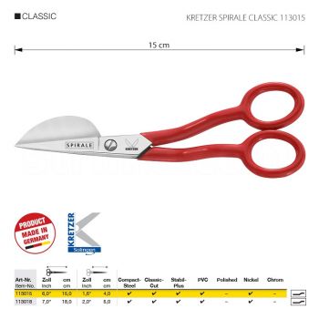 KRETZER SPIRALE CLASSIC 113015 Ножницы для нашивок, длина 6"/15 см, никелированные. Производство Германия KRETZER SOLINGEN