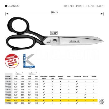 KRETZER SPIRALE CLASSIC 114420 Ножницы портновские для левши, для трудныx и тяжелыx материалов, длина 8"/20 см, полированные. Производство Германия KRETZER SOLINGEN