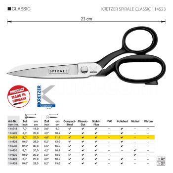 KRETZER SPIRALE CLASSIC 114523 Портновские ножницы для сложныx и плотныx материалов, длина 9"/23 см, полированные. Производство Германия KRETZER SOLINGEN