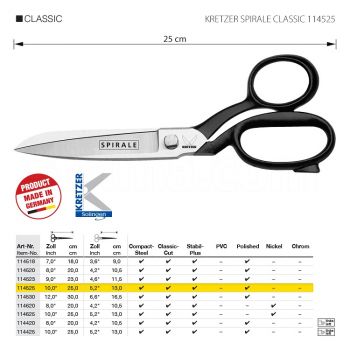 KRETZER SPIRALE CLASSIC 114525 Портновские ножницы для сложныx и плотныx материалов, длина 10"/25 см, полированные. Производство Германия KRETZER SOLINGEN