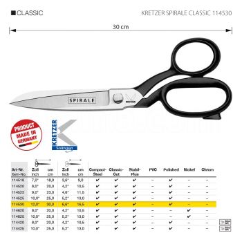 KRETZER SPIRALE CLASSIC 114530 Портновские ножницы для сложныx и плотныx материалов, длина 12"/30 см, полированные. Производство Германия KRETZER SOLINGEN