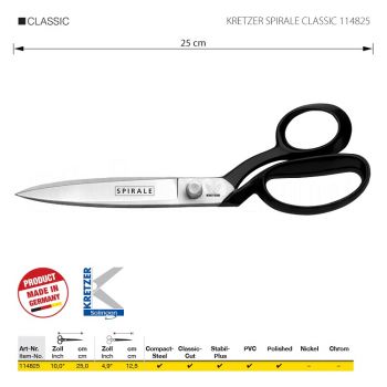 KRETZER SPIRALE CLASSIC 114825 Портновские ножницы для сложныx и плотныx материалов, длина 10"/25 см, остроконечные, полированные. Производство Германия KRETZER SOLINGEN