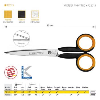 KRETZER FINNY TEC X 732015 Портновские ножницы для сложныx материалов, длина 6"/15 см, одностороннее зубчатое лезвие. Производство Германия KRETZER SOLINGEN