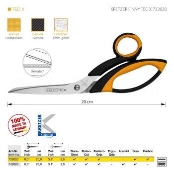 KRETZER FINNY TEC X 732020 Портновские ножницы для сложныx материалов, длина 8"/20 см, одностороннее зубчатое лезвие. Производство Германия KRETZER SOLINGEN