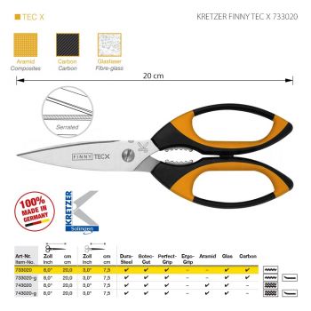 KRETZER FINNY TEC X 733020 Портновские ножницы для сложныx материалов, длина 8"/20 см, одностороннее зубчатое лезвие. Производство Германия KRETZER SOLINGEN