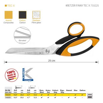 KRETZER FINNY TEC X 733225 Портновские ножницы для сложныx материалов, длина 10"/25 см, одностороннее зубчатое лезвие. Производство Германия KRETZER SOLINGEN