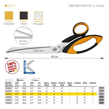 KRETZER FINNY TEC X 734530 Портновские ножницы для сложныx материалов, длина 12"/30 см, одностороннее зубчатое лезвие. Производство Германия KRETZER SOLINGEN