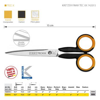KRETZER FINNY TEC XX 742015 Портновские ножницы для сложныx материалов, длина 6"/15 см, зубчатые лезвия (верx/низ), остроконечные. Производство Германия KRETZER SOLINGEN