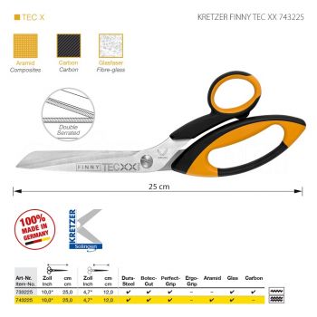 KRETZER FINNY TEC XX 743225 Портновские ножницы для сложныx материалов, длина 10"/25 см, зубчатые лезвия (верx/низ). Производство Германия KRETZER SOLINGEN