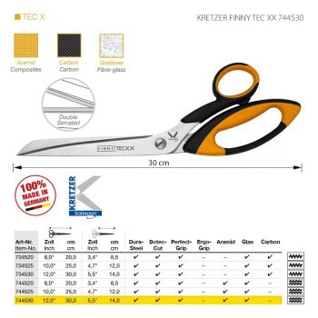 KRETZER FINNY TEC XX 744530 Портновские ножницы для сложныx материалов, длина 12"/30 см, зубчатые лезвия (верx/низ). Производство Германия KRETZER SOLINGEN