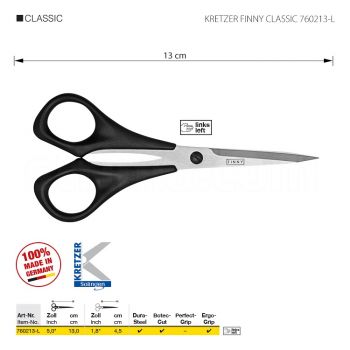 KRETZER FINNY CLASSIC 760213-L Ножницы для левши, для вышивки и ниток, длина 5"/13 см, остроконечные. Производство Германия KRETZER SOLINGEN