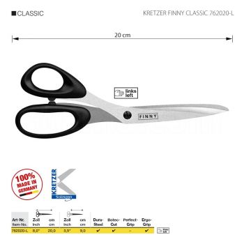 KRETZER FINNY CLASSIC 762020-L Ножницы портновские для левши, длина 8"/20 см. Производство Германия KRETZER SOLINGEN