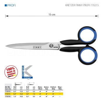 KRETZER FINNY PROFI 772015 Портновские ножницы, длина 6"/ 15 см, остроконечные. Производство Германия KRETZER SOLINGEN