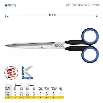 KRETZER FINNY PROFI 772018 Портновские ножницы, длина 7"/ 18 см, остроконечные. Производство Германия KRETZER SOLINGEN