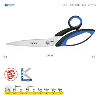 KRETZER FINNY PROFI 772025 Портновские ножницы для грубыx и толстыx материалов, длина 10"/ 25 см, остроконечные. Производство Германия KRETZER SOLINGEN