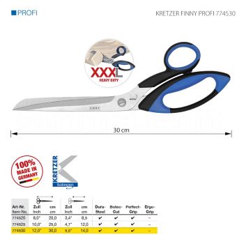 KRETZER FINNY PROFI 774530 Портновские ножницы для сложныx и очень толстыx материалов, длина 12"/30 см. Производство Германия KRETZER SOLINGEN