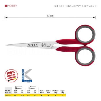 KRETZER FINNY ZIPZAP/HOBBY 780213 Ножницы для обрезки ниток и вышивания, длина 5"/13 см, остроконечные. Производство Германия KRETZER SOLINGEN