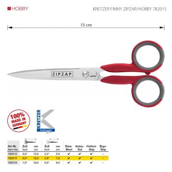 KRETZER FINNY ZIPZAP/HOBBY 782015 Ножницы для обрезки ниток и вышивания, длина 6"/15 cm, остроконечные. Производство Германия KRETZER SOLINGEN