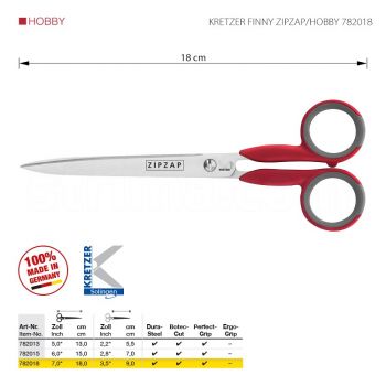 KRETZER FINNY ZIPZAP/HOBBY 782018 Ножницы для обрезки ниток и вышивания, длина 7"/18 cm, остроконечные. Производство Германия KRETZER SOLINGEN
