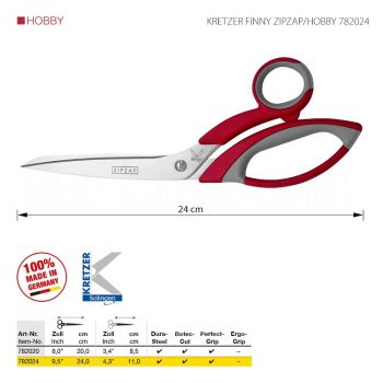 KRETZER FINNY ZIPZAP/HOBBY 782024 Портновские ножницы, универсальные, длина 9,5"/24 см. Производство Германия KRETZER SOLINGEN