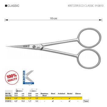 KRETZER ECO CLASSIC 910810 Ножницы для вышивания, длина 4"/10 см, остроконечные, никелированные. Производство Германия KRETZER SOLINGEN